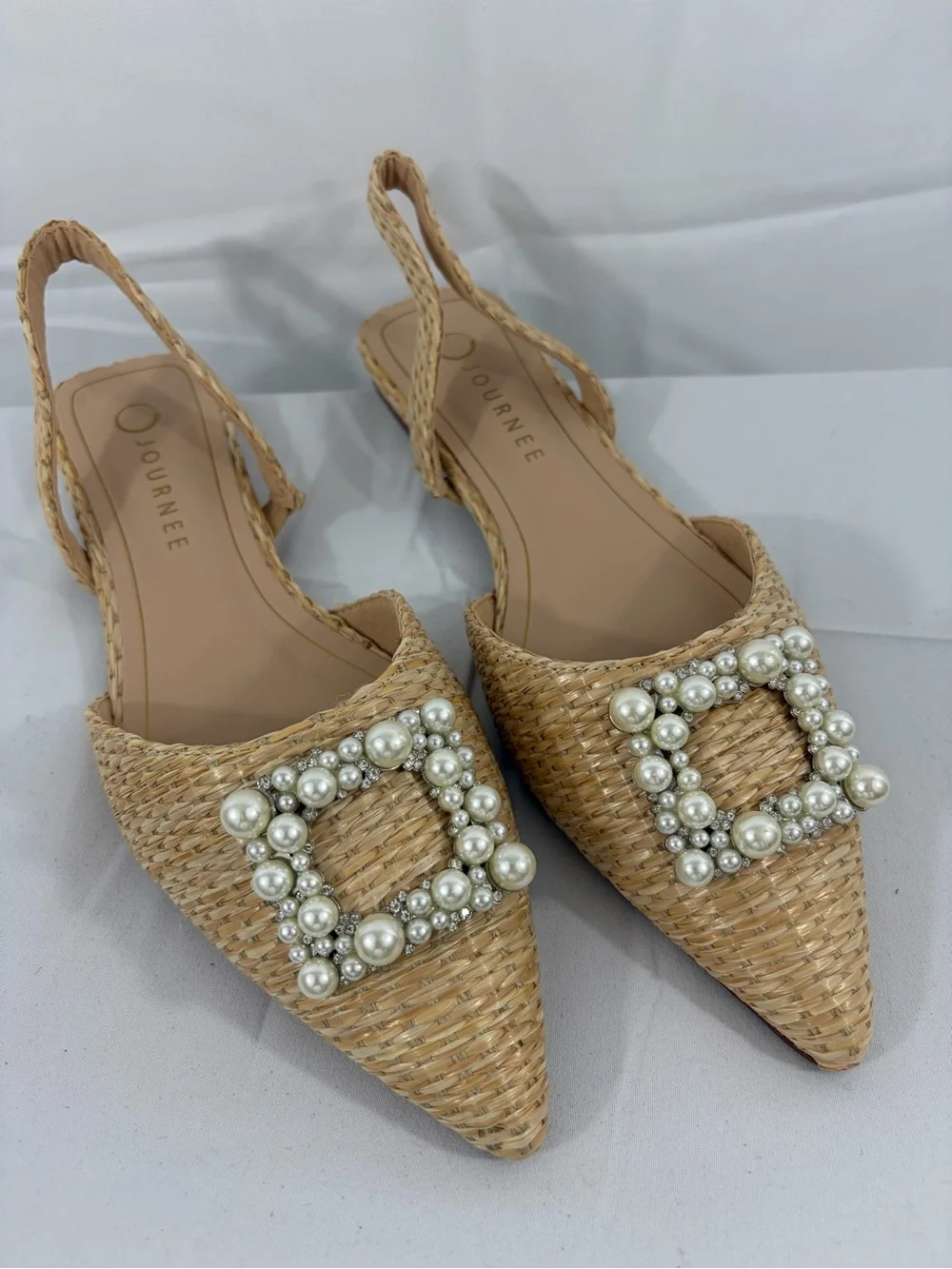 NWT Journee Collection Womens Size 9 Natural Woven Pearl Buckle Slingback Flats
